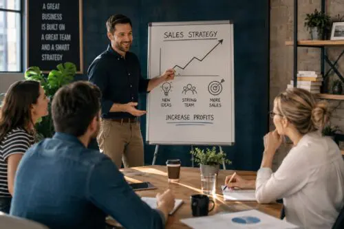 Conference room with presentation on sales forecast.