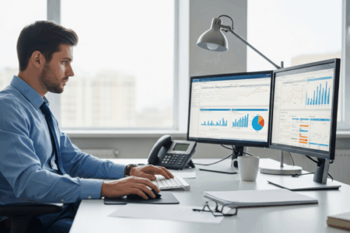 Man sitting at his desk tracking essential cash flow kpis for his small business