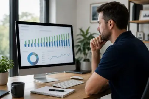small business owner reviewing cash flow forecast and cash flow forecasting tips on computer