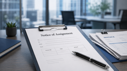 Notice of Assignment document with invoice paperwork on a desk