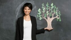 Female standing next to a tree chalkboard drawing with the green dollar sign as leaves on the tree