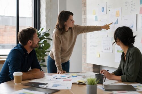 Colleagues discussing growth strategy in small business success.