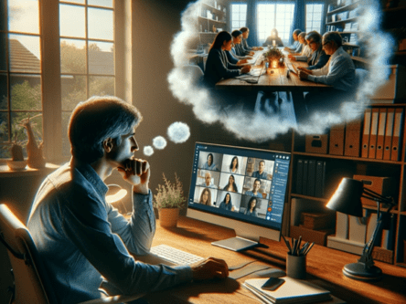 A person engaged in a Zoom meeting on their computer in a home office, daydreaming about an in-person meeting with coworkers.