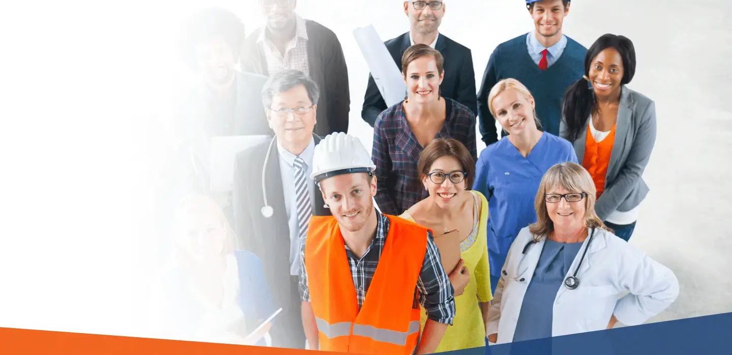 Diverse group of professionals from various industries, including healthcare, construction, and business.
