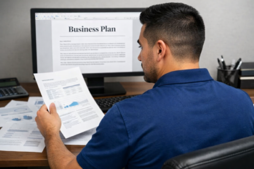 Person reviewing business plan documents