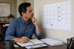 Business owner looking at his calendar with weekly payroll due and invoices not due until the end of the month; considering factoring vs. working capital loans